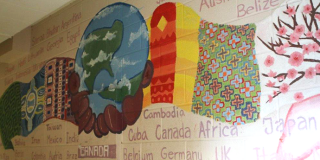 a colourful mural with names of different countries