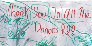 a child's abstract drawing with the words "Thank you to all the donors!!!"