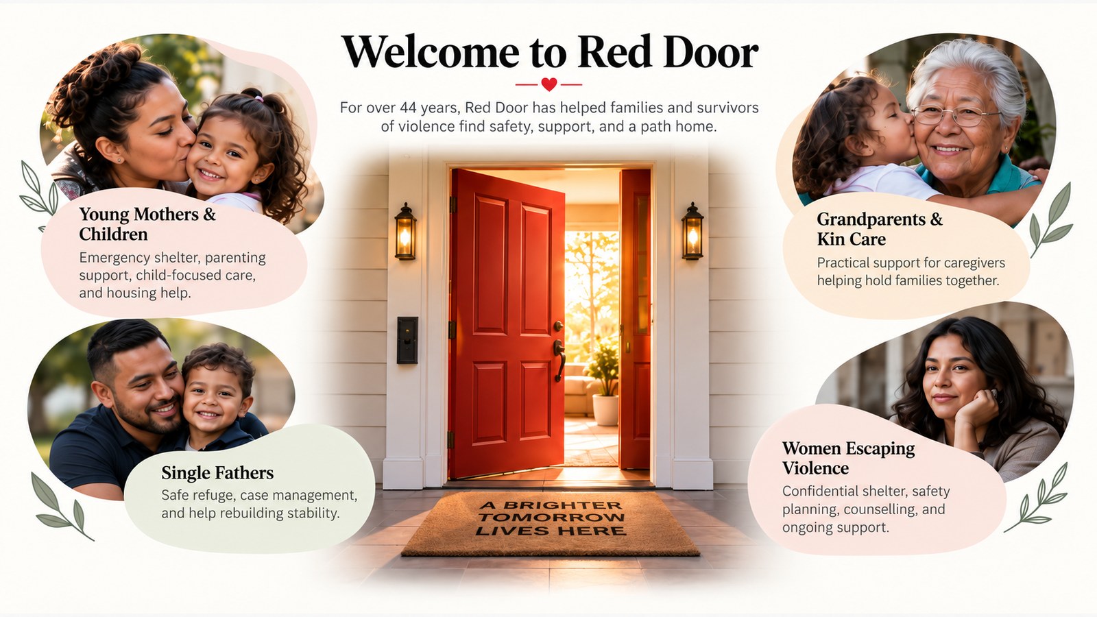Welcome to Red Door with four family groups around an open red door
